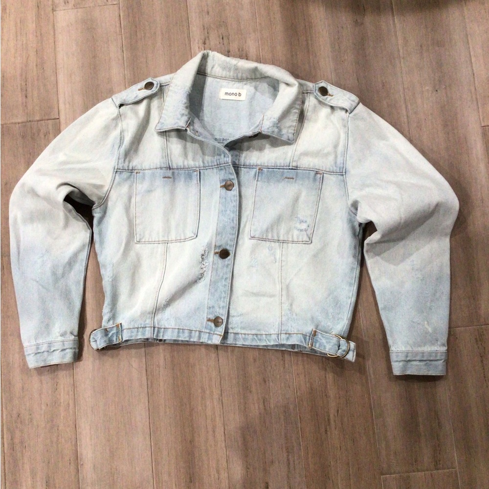 Mono B Vintage Light Wash Cropped Denim Jacket Oversized Streetwear Distressed - Picture 3 of 6